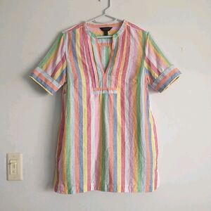 J CREW Quinlan Mini Dress XS/S*Rainbow Striped Linen Blend Pocket Coastal Pride